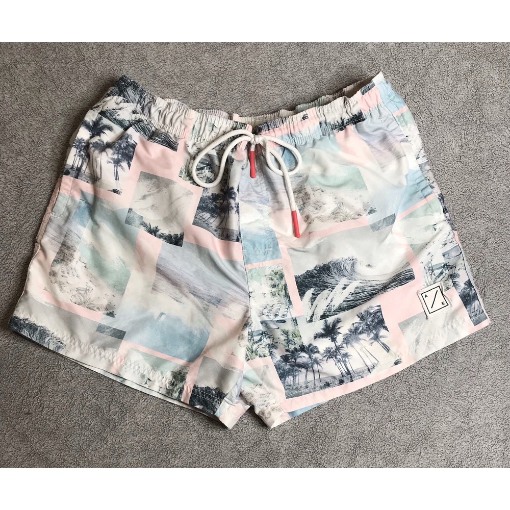 Men's American Eagle Swim Trunks Above Knee Large Beach Waves Floral Design L